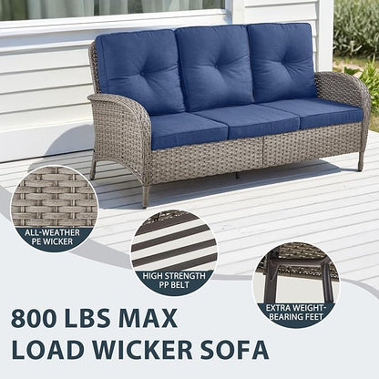 7 Piece Patio Furniture Set with Fire Pit Table - Wicker Patio Conversation Set with Swivel Glider, 3 Seat Sofa, Side Table and 2 Ottomans for Deck Backyard - Grey Wicker Blue Cushion