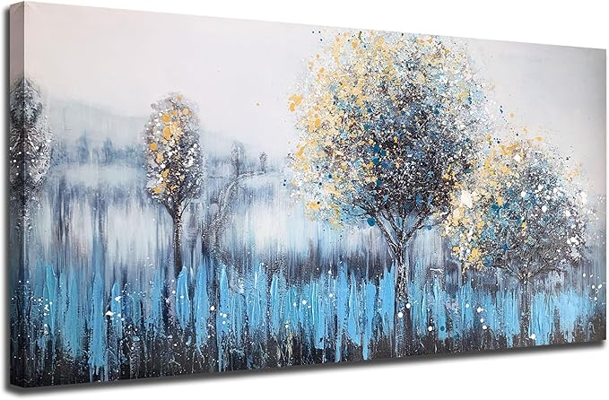 Arjun Large Canvas Wall Art for Living Room Landscape Bedroom Teal Painting Forest Textured Picture Modern Panoramic Nature Artwork Home Office Wall Decor, 48"x24"
