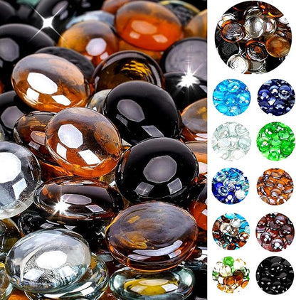 onlyfire 10 Pounds Fire Glass Beads for Propane Fire Pit and Gas Fireplace, 1/2 Inch Round Firepit Glass Rocks Flat Marbles for Fire Pit Table, Onyx Black, Crystal Ice and Caramel Luster