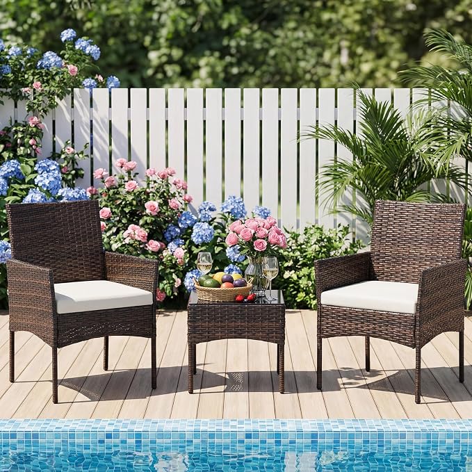 NEWBULIG 3-Piece Patio Furniture Set, Weather-Resistant Outdoor Wicker Furniture with Washable Cushion & Tempered Glass Tabletop, Durable Outdoor Seating for Balcony, Porch, Deck Brown