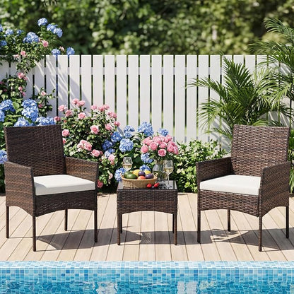 NEWBULIG 3-Piece Patio Furniture Set, Weather-Resistant Outdoor Wicker Furniture with Washable Cushion & Tempered Glass Tabletop, Durable Outdoor Seating for Balcony, Porch, Deck Brown