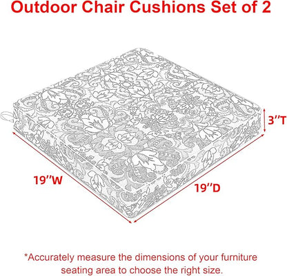 Favoyard Outdoor Chair Cushion 19 x 19 x 3 In Waterproof Pattern Fade Resistant Cushions for Patio Furniture with Removable Cover Attach Straps 28D Foam Insert Cushions Pads for Seat Sofa Couch 2 Pack