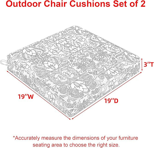 Favoyard Outdoor Chair Cushion 19 x 19 x 3 In Waterproof Pattern Fade Resistant Cushions for Patio Furniture with Removable Cover Attach Straps 28D Foam Insert Cushions Pads for Seat Sofa Couch 2 Pack