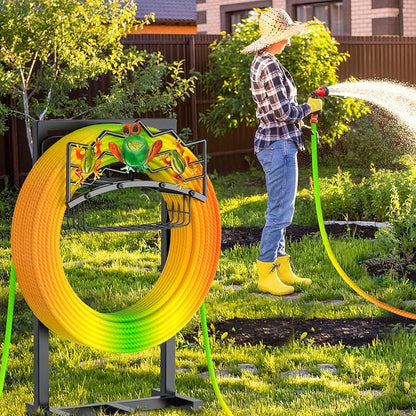 Garden Water Hose Holder with 5 Spikes, Upgraded Freestanding Heavy Duty Hose Hanger Holds 150-feet Hose, Sturdy Hose Stand Storage Rack for Outside Yard Lawn (Black - Frog)