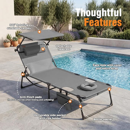Tanning Chair with Face Hole & Canopy, 28'' Extra Wide, Support 400LBS | Folding Chaise Lounge Chair with 4-Position Adjustable Backrest for Beach, Pool, Patio & Camping, Light Grey