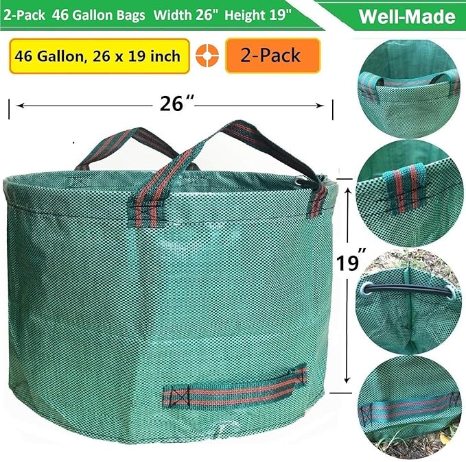 Standard 2-Pack 46 Gallon Lawn Garden Bags (D26,H19 in) Yard Waste Bags W/Gardening Gloves for Leaf Bag,Yard Debris,Trash Container,Recycling Bin,Camping Waste Bin,Grass Clippings,Weeds Bag 4 Handles