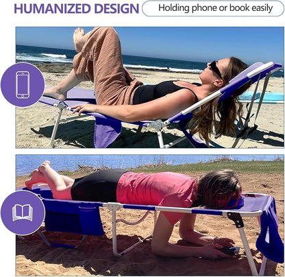 Tanning Chair with Face Hole, Adjustable Folding Chaise Lounge Chairs for Outside with Detachable Pillow & Pocket，Portable flat beach chairs for sunbathing, beach lawns camping (Purple, Standard)