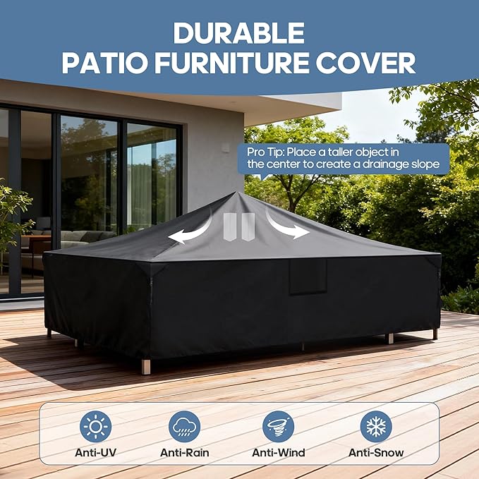 DUMOS Patio Furniture Cover Rectangular Heavy Duty 600D Waterproof UV Resistant Outdoor Sofa Couch Sectional Cover for Deck Table Chairs Backyard Dining Sets, 111"L x 74"W x 28"H, Black
