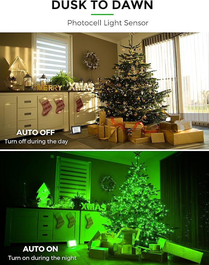 L LOHAS LED Green Christmas Flood Light Outdoor, 𝑫𝒖𝒔𝒌 𝒕𝒐 𝑫𝒂𝒘𝒏 50W Plug in Flood Light, IP66 Waterproof Christmas Decorations, 2300lm Christmas Lights for Yard, Garage, Party UL Listed 2 Pack
