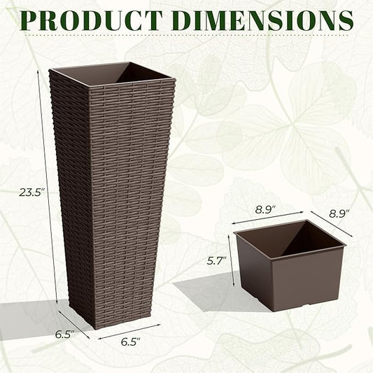 JUMMICO Set of 2 Resin Rattan Tall Planters for Outdoor Plants, Large Tapered Planters with Drainage Holes&Inner Trays, Flower Pots for Garden, Patio, Porch, Backyard (Brown, 24'')