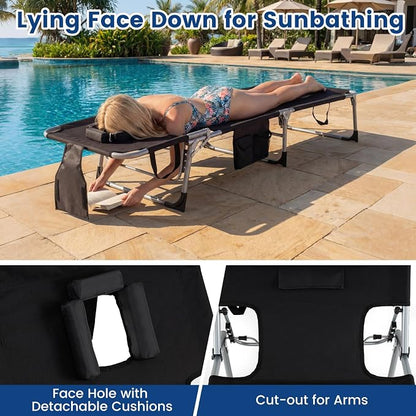 Goplus Tanning Chair, Folding Adjustable Patio Lounge Chair with Face Hole, Removable Pillow, 330LBS, Carry Strap, Outdoor Sunbathing Chair, Lightweight Portable Beach Lounge Chair, No Assembly