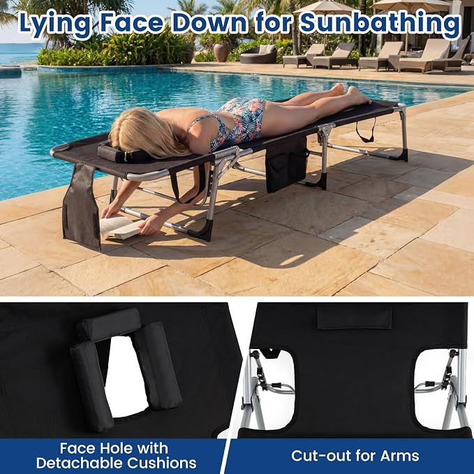 Goplus Tanning Chair, Folding Adjustable Patio Lounge Chair with Face Hole, Removable Pillow, 330LBS, Carry Strap, Outdoor Sunbathing Chair, Lightweight Portable Beach Lounge Chair, No Assembly