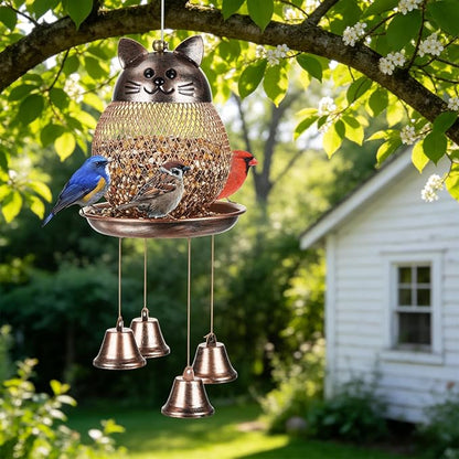 LBTING Bird Feeder for Outside, Cute Cat-Shaped Wind Chimes Bird Feeder, Metal Wild Bird Feeder Decoration for Hanging Outdoor Garden Yard