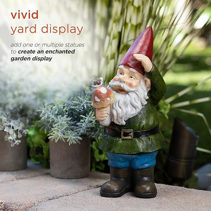 Alpine Corporation 12" Tall Outdoor Garden Gnome with Mushroom Yard Statue Decoration