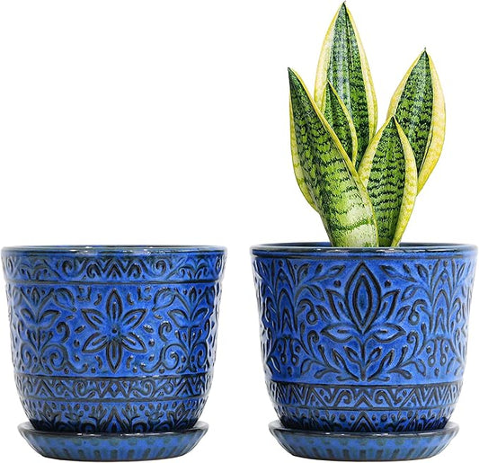 Gepege 6 Inch Ceramic Planter, Blue Plant Pot with Drainage Holes and Saucers for Indoor Plants, Birthday for Women Mom