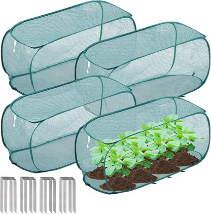 TIMSO 4 Pack Pop Up Raised Bed Cover & Foldable Crop Cage - 30% Sunblock Shade Cloth Plant Protector with Stainless Steel Frame & 32 Stakes - 39"x18"x16" for Vegetables, Seedlings