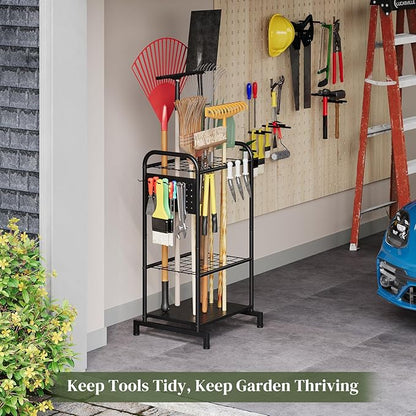 Garden Tool Organizer with Hooks Yard Tool Rack Heavy Duty Steel Yard Tool Organizer and Garden Storage Holder Broom Holder for Shed, Patio, Outdoor Indoor