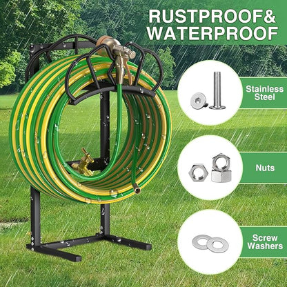 Qatsrin Garden Hose Holder with Faucet, Super Stable Water Hose Holder Stand Holds 160-Feet Hoses, Freestanding Detachable Hose Storage Hanger Reels Rack for Yard Lawn Farm