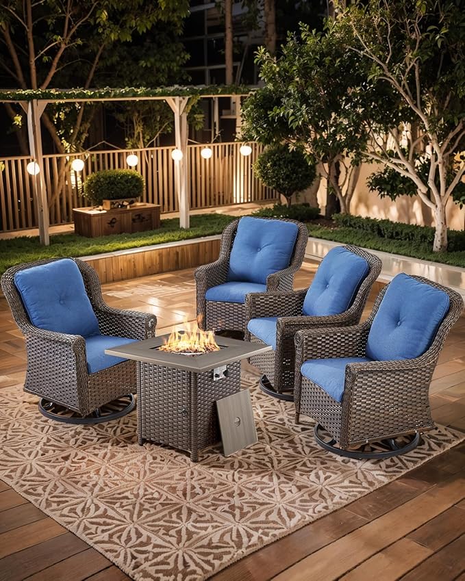 Outdoor Patio Swivel Gliders with Fire Pit Table 5 Piece Set - High Back Brown Wicker Rattan Rocking Chair with Thick Cushion for Porch Apartment Deck Yard Poolside Garden - Navy Blue