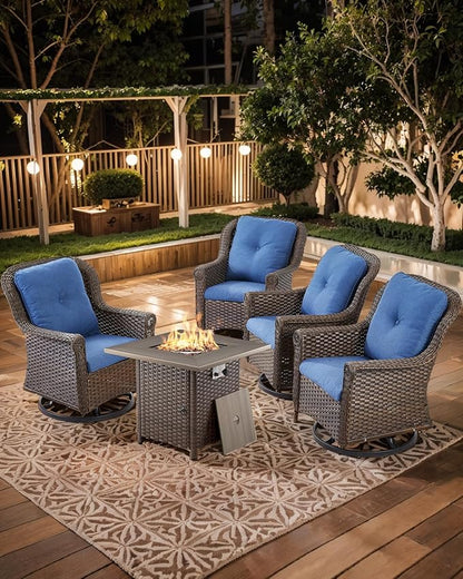 Outdoor Patio Swivel Gliders with Fire Pit Table 5 Piece Set - High Back Brown Wicker Rattan Rocking Chair with Thick Cushion for Porch Apartment Deck Yard Poolside Garden - Navy Blue