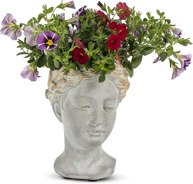 Abbott Collection Aphrodite Head Planter – Extra Small Indoor and Outdoor Planter Pots - Whimsical Woman Statue Head Planter for Flowers and Succulents (Grey/Gold, 6.5" Tall, 2.75" Opening)