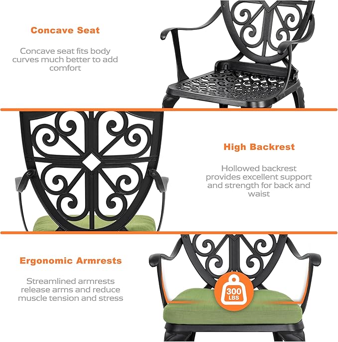 NUU GARDEN Outdoor 3-Piece Bistro Set with Cushions, Round 24 Inch Cast Aluminum Bistro Table with 2.17" Umbrella Hole, 2 Cast Aluminum Bistro Chairs, for Patio, Garden, Backyard and Balcony, Black