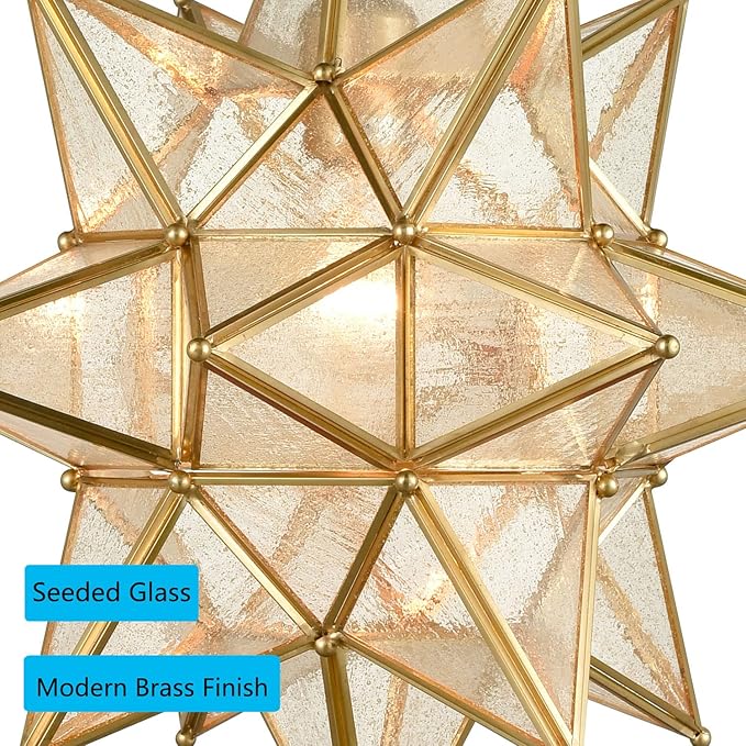DIRYZON Modern Gold Moravian Star Pendant Light for Kitchen Island 16-Inch Hanging Ceiling Light Seeded Glass Single Pendant Light with Chain