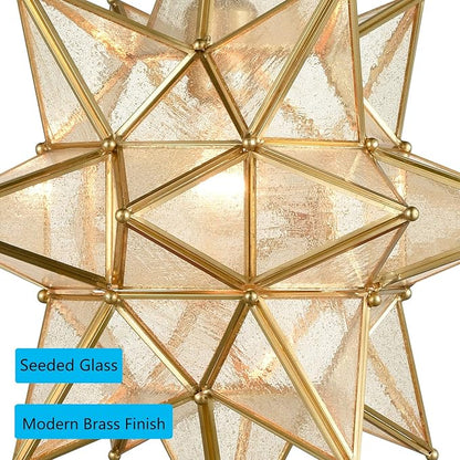 DIRYZON Modern Gold Moravian Star Pendant Light for Kitchen Island 16-Inch Hanging Ceiling Light Seeded Glass Single Pendant Light with Chain
