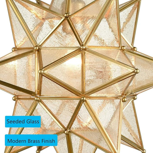DIRYZON Modern Gold Moravian Star Pendant Light for Kitchen Island 16-Inch Hanging Ceiling Light Seeded Glass Single Pendant Light with Chain