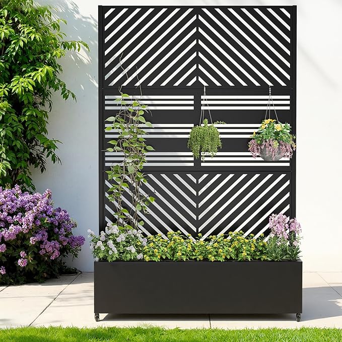Metal Raised Garden Bed with Trellis & Wheels,72" x 47"x 15.7" Planter Box with Trellis,Privacy Planters for Patio,Garden Bed for Climbing Plants,Suitable for climbing plants and vegetables,Black