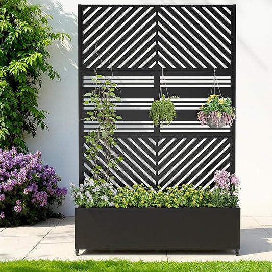Metal Raised Garden Bed with Trellis & Wheels,72" x 47"x 15.7" Planter Box with Trellis,Privacy Planters for Patio,Garden Bed for Climbing Plants,Suitable for climbing plants and vegetables,Black