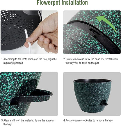 12/10/9 inch Large Self Watering Pots, Planter, Plant Pots with Mesh Drainage Holes for Indoor Outdoor Garden Plants, Plastic Flower Pots with Deep Reservoir, Black with Green Speckles