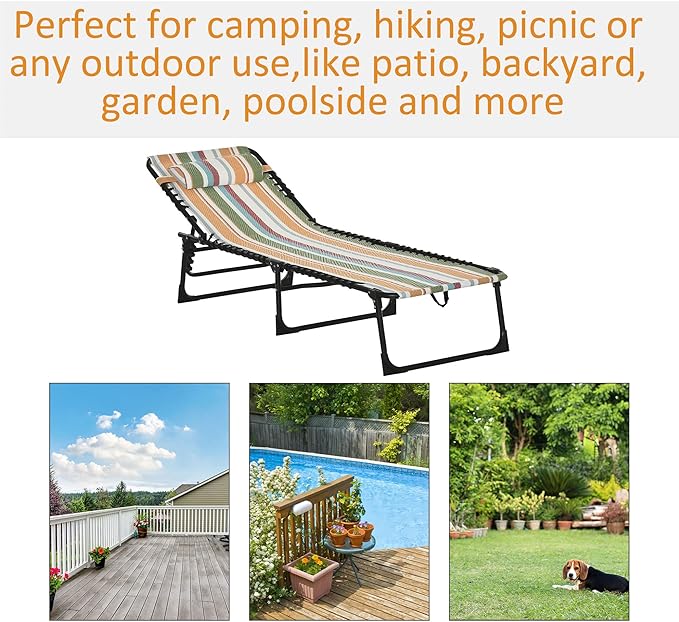 Outsunny Folding Chaise Lounge Chair, Patio Sun Tanning Chair, Outdoor Chaise Lounger with 4-Position Reclining Back, Breathable Mesh Seat for Beach, Poolside, Yard, Rainbow Striped