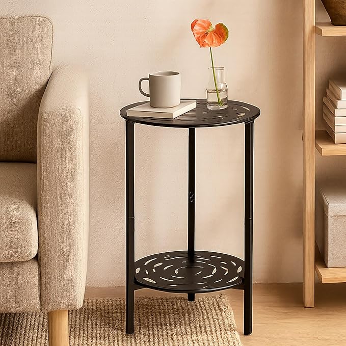 2 Packs Two-tier Metal Round Side Table Black Accent Coffee Tables Small Space Corner Plant Stand Shelf for Indoor Outdoor Use Patio Balcony End Table Laser-Cut Floral Pattern Weather-Resistant