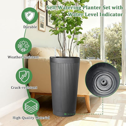 TUYOHW Self-Watering 24in Plastic Round Planter with Vertical Ribbed Design – Indoor Outdoor Flower Pot for Plants, Herbs, and Small Trees, Set of 2