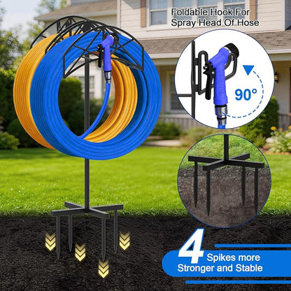 Garden Hose Holder Heavy Duty Water Hose Holder Holds 160 FT * 2 Hoses 4 Spikes Hose Reel Freestanding Hose Hanger Sturdy Hose Storage Stand with 90°Rotatable Hook for Outside Yard Lawn