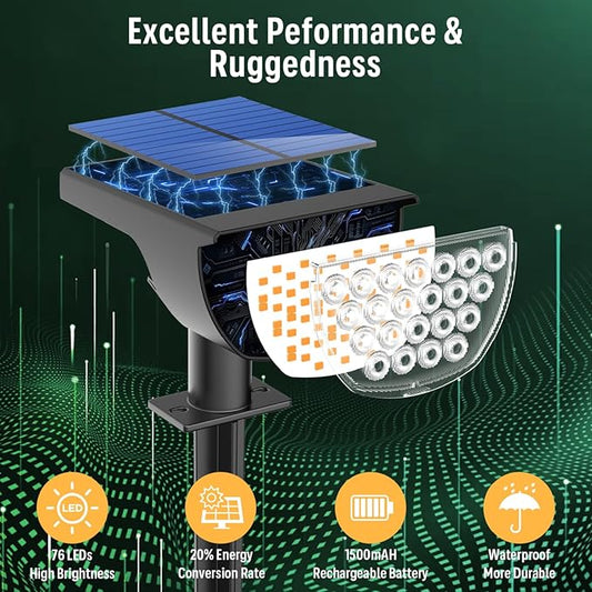GKGG Solar Lights Outdoor Waterproof IP65, Solar Powered 76 LED 3 Lighting Modes Solar Spot Lights Outdoor for Yard Garden Landscape Pathway (Warm White, 6 Pack)