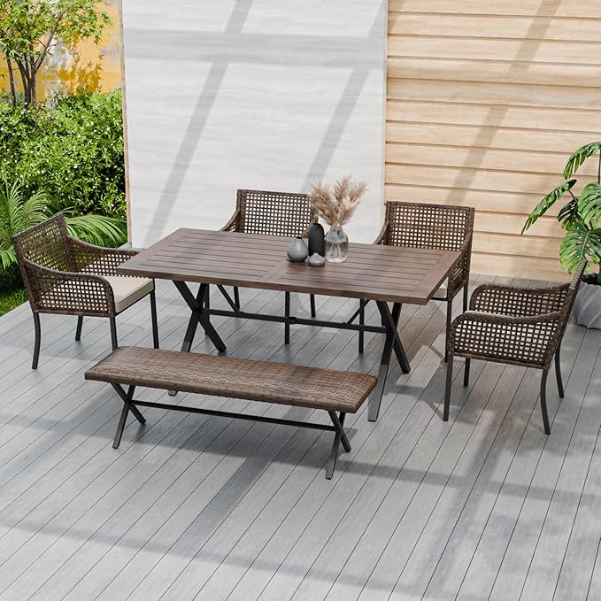 COOS BAY Echo Vibe Patio Dining Set for 6 with 4 Chairs, a Bench and a Table, 6 Piece Outdoor Dining Set, Brown/Beige