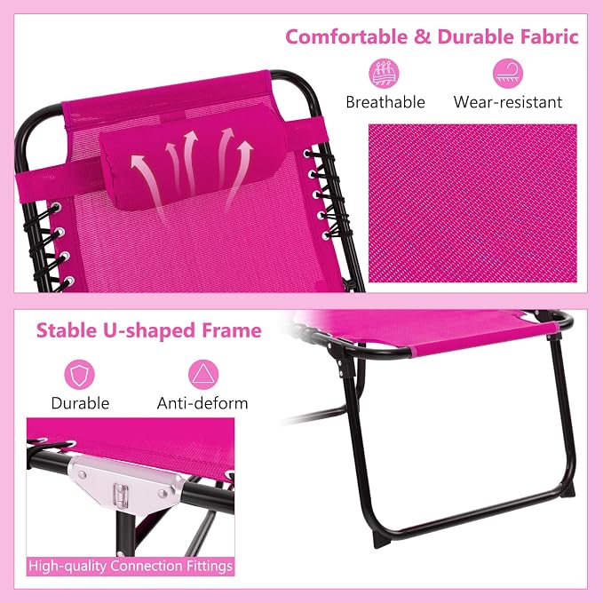 Giantex Patio Lounge Chairs for Outside - Set of 2 Folding Tanning Chair w/Headrest, 4 Adjustable Positions, Side Pocket, Outdoor Chaise Lounge for Camping, Pool, Sunbathing Beach Chair, Pink