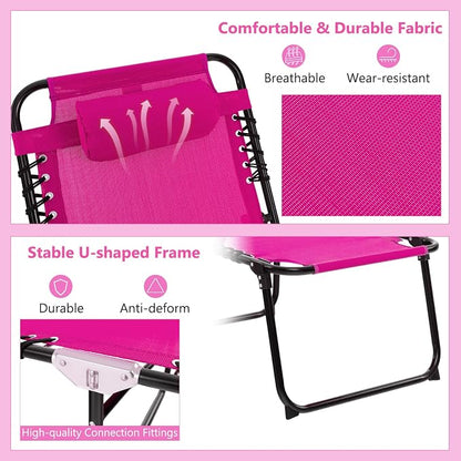 Giantex Patio Lounge Chairs for Outside - Set of 2 Folding Tanning Chair w/Headrest, 4 Adjustable Positions, Side Pocket, Outdoor Chaise Lounge for Camping, Pool, Sunbathing Beach Chair, Pink