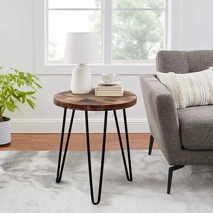 Wood Multi Color Side Table 17.5" x 17.5" x 20" H Reclaimed Vintage Round Accent Coffee Table Wooden Rustic Outdoor Patio End Tables Plant Stand Living Room Bedroom