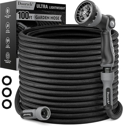 Garden Hose, Flexible Ultra Lightweight Durable, Kink-Free Water Hose with 10 Function Sprayer - Non-Shrinking, Easy to Store, All-Weather, High-Pressure, Black (100 FT)