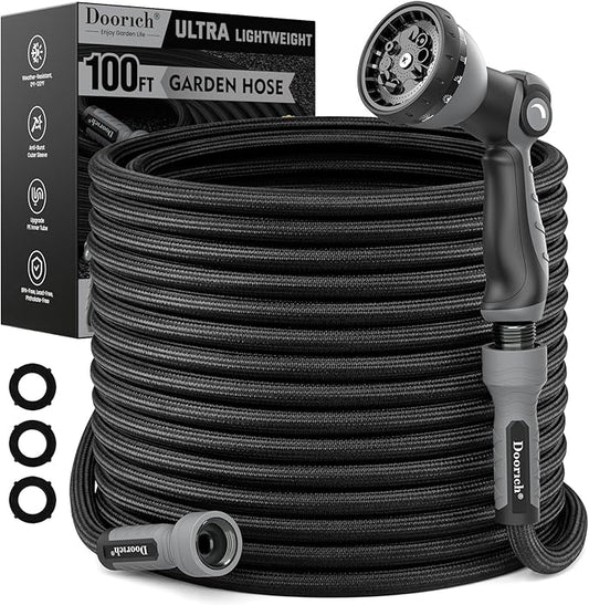 Garden Hose, Flexible Ultra Lightweight Durable, Kink-Free Water Hose with 10 Function Sprayer - Non-Shrinking, Easy to Store, All-Weather, High-Pressure, Black (100 FT)