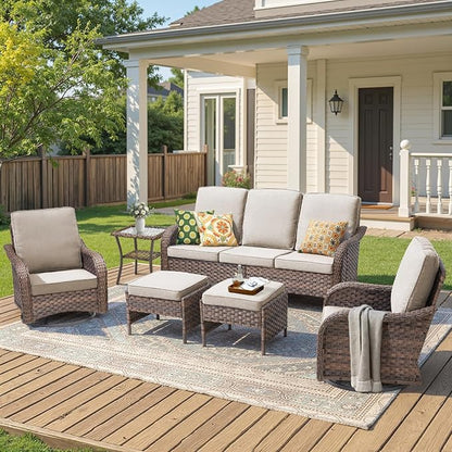 6 Piece Outdoor Patio Wicker Furniture Sets-High Back Patio Conversation Set with Rattan Sofa, Wicker Swivel Rocker Patio Chairs and Thick Cushions Ottomans for Porch Balcony Patio Deck Brown/Beige