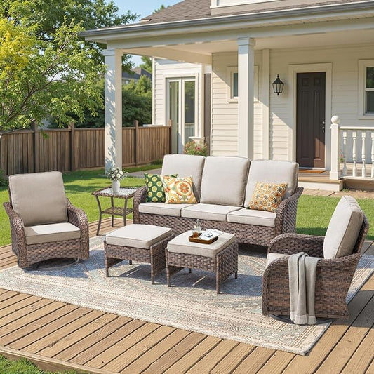 6 Piece Outdoor Patio Wicker Furniture Sets-High Back Patio Conversation Set with Rattan Sofa, Wicker Swivel Rocker Patio Chairs and Thick Cushions Ottomans for Porch Balcony Patio Deck Brown/Beige