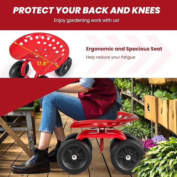 Giantex Garden Cart, Rolling Workseat with 4 Wheels, Garden Stool 360° Swivel Work Seat & Adjustable Height, Heavy Duty Wagon Scooter for Gardening for Patio Garden, Lawn, Yard (Red)
