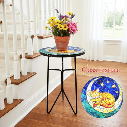 12 Inch Folding Outdoor Side Tea Table,Moon Kitten Small Accent Tables, Plant Tables Indoor,Garden or Living Room Decor Afternoon Tea Dinner Table, Simple Assembly Cast Iron Plant Stand