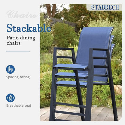 Outdoor Bar Stools Set of 4, 44'' Patio Bar Chairs with Textile High Back, Bar Height Chairs with Straight Armrest and Footrest, Blue