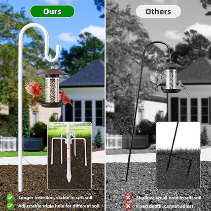 62" White Shepherds Hooks for Outdoor, Bird Feeder Pole with 5 Prong Base, Adjustable Height Shepherds Hook for Hummingbird Feeder, Bird Feeder, Lightweight Plant, Wind Chimes, Lanterns (1 Pack)