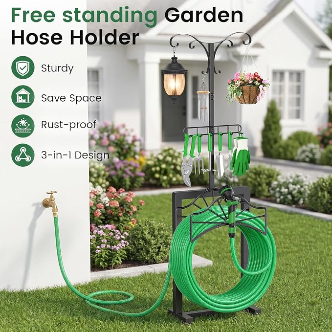 71 Inch Garden Hose Holder,Heavy Duty Free Standing Hose Rack with 6 Shepherd Hooks & 6 Hangers,Holds Up to 160ft Hose,Outdoor Hose Storage for Garden, Yard & Patio